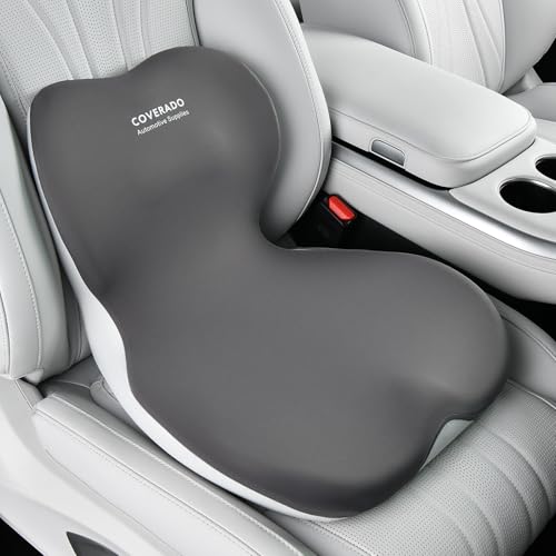 Coverado Seat Cushion and Lumbar Support Pillow One Piece for Car Office Chair, Ergonomic Memory Foam Desk Chair Cushion Back Support Pillow, Sciatica & Back & Tailbone Pain Relief Cushion-Gray