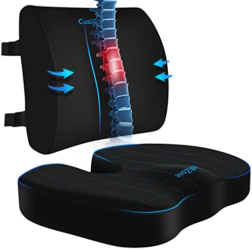 CushZone Ergonomic Seat Cushion & Lumbar Support Pillow - Memory Foam for Sciatica Pain Relief & Posture Correction, Non-Slip Chair Cushions for Office Chair/Car/Travel