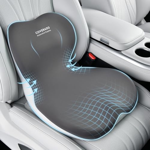 Coverado Seat Cushion and Lumbar Support Pillow One Piece for Car Office Chair, Ergonomic Memory Foam Desk Chair Cushion Back Support Pillow, Sciatica & Back & Tailbone Pain Relief Cushion-Gray