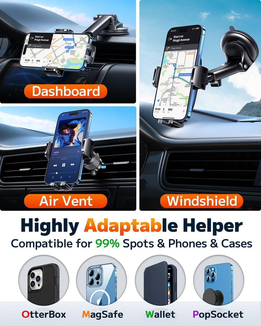 Qifutan 3-in-1 Car Phone Mount for Windshield, Dash & Vent