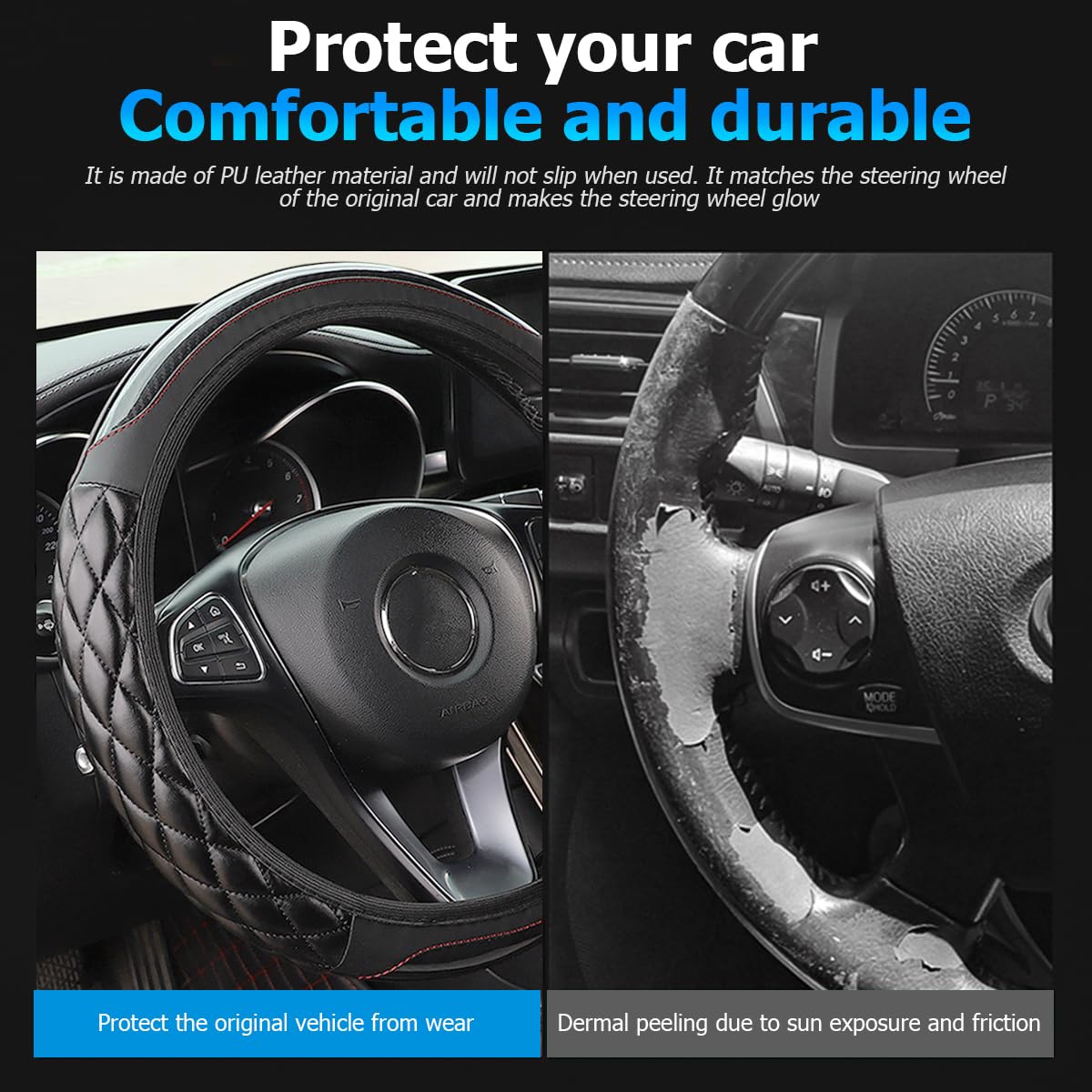 AICEL Car Accessories Set, Leather Vehicle Steering Wheel Seat Belt Shoulder Cover, Anti-Slip Automotive Interior Armrest Pad Start Button Protector, Universal for SUV, Sedan, Truck