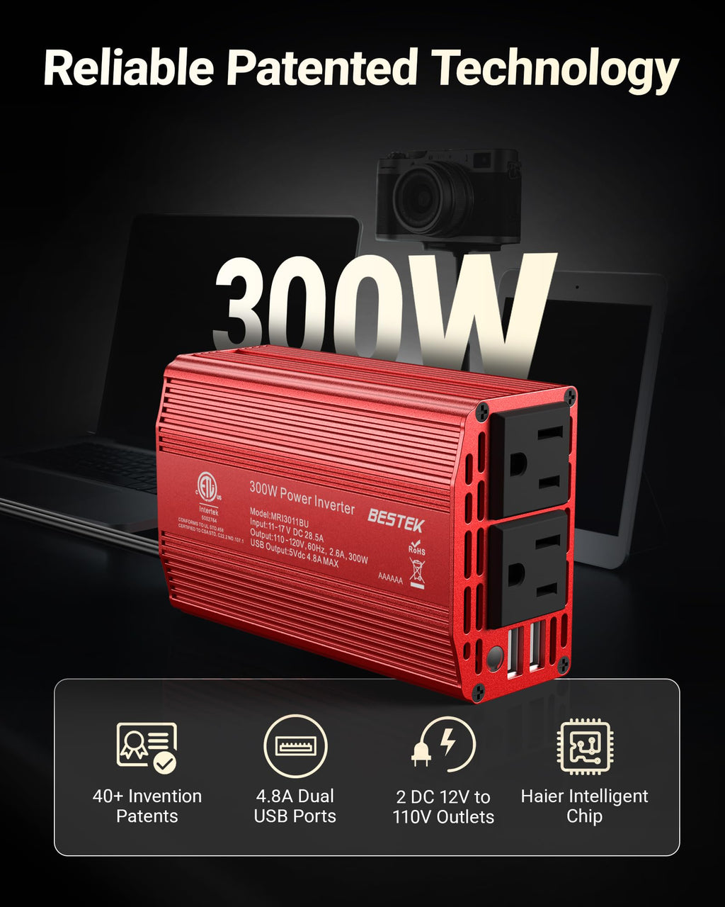 BESTEK 300W 12V-to-110V Car Inverter with Dual USB