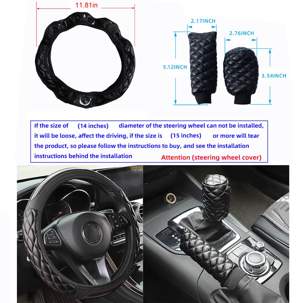 AICEL Car Accessories Set, Leather Vehicle Steering Wheel Seat Belt Shoulder Cover, Anti-Slip Automotive Interior Armrest Pad Start Button Protector, Universal for SUV, Sedan, Truck