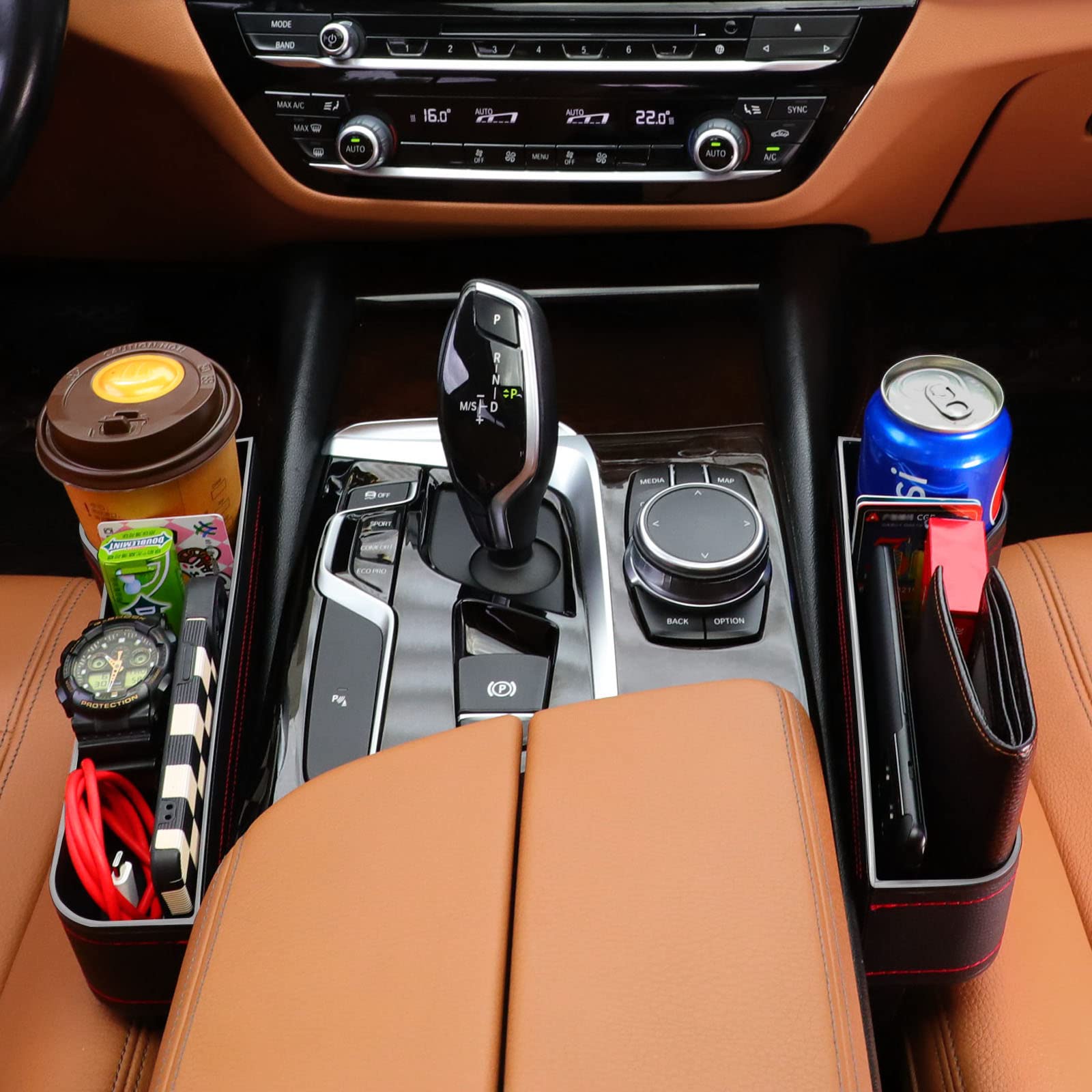 2-Pack Car Seat Gap Organizers with Cup Holders & Hooks