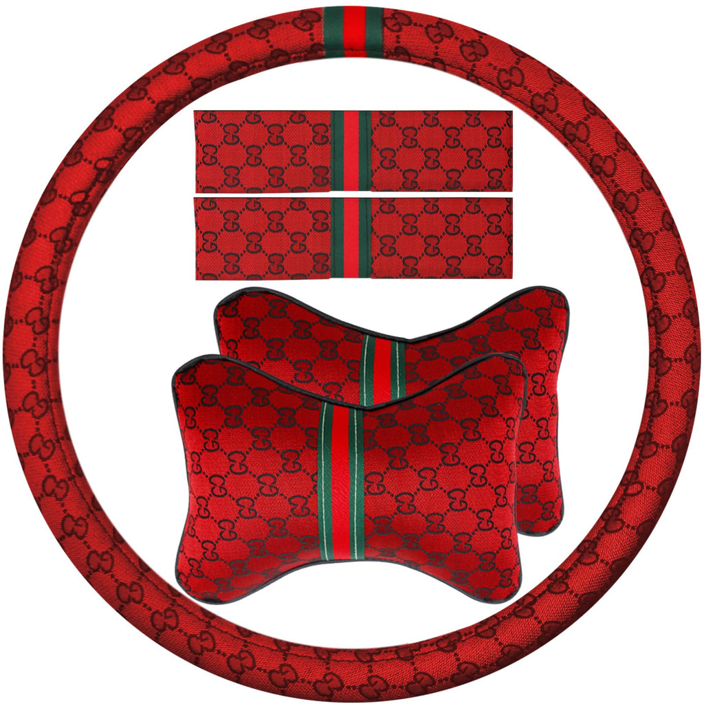 KANYO-AUTO Steering Wheel Cover with 2 Car Headrest Pillow and 2 Seat Belt Cushions Shoulder Pads Universal fit 14 1/2"-15" Steering Wheel