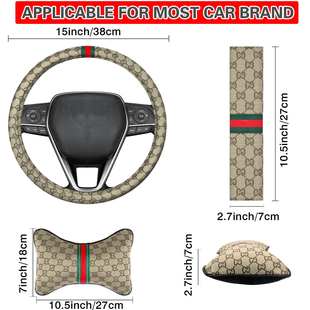 KANYO-AUTO Steering Wheel Cover with 2 Car Headrest Pillow and 2 Seat Belt Cushions Shoulder Pads Universal fit 14 1/2"-15" Steering Wheel