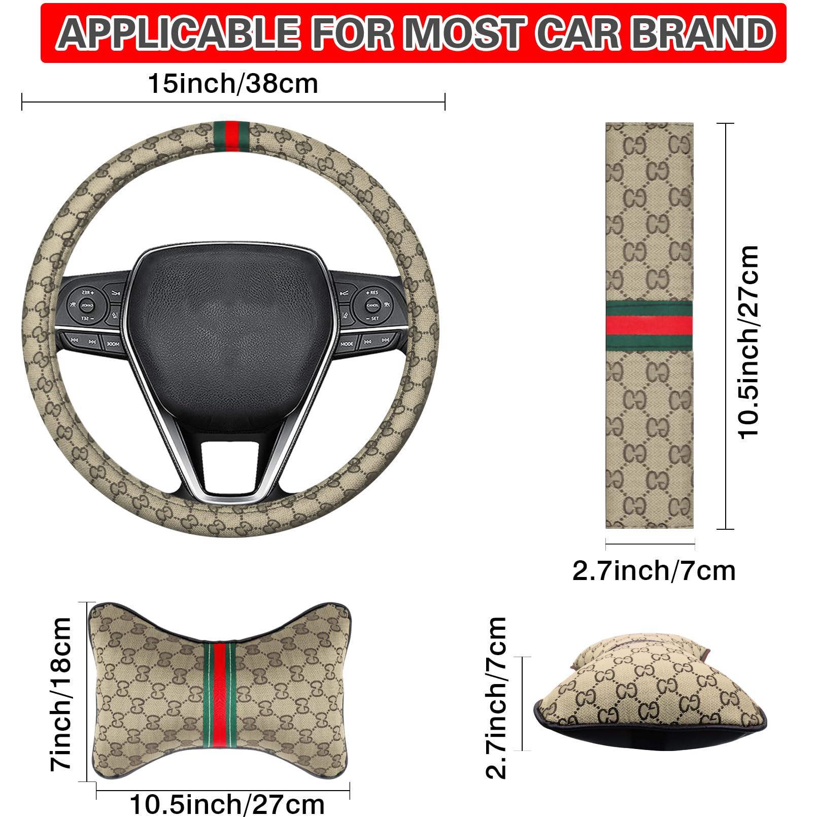 KANYO-AUTO Steering Wheel Cover with 2 Car Headrest Pillow and 2 Seat Belt Cushions Shoulder Pads Universal fit 14 1/2"-15" Steering Wheel