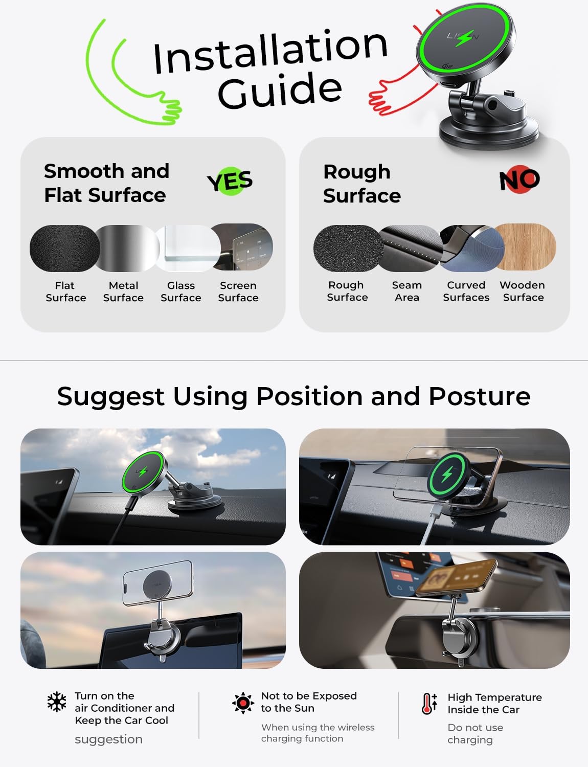 LISEN 15W MagSafe Wireless Car Mount Charger