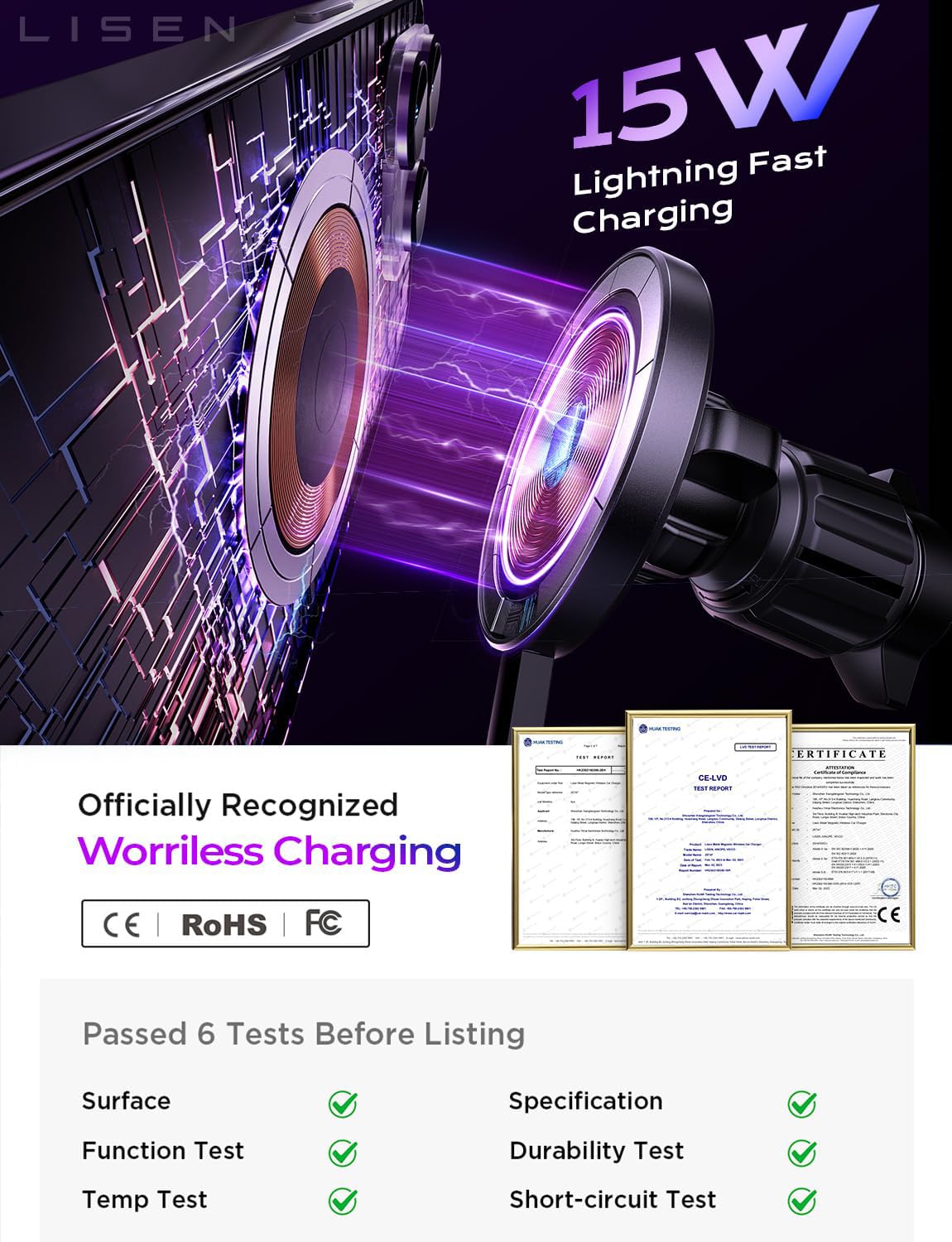 LISEN 15W MagSafe Magnetic Wireless Car Mount Charger