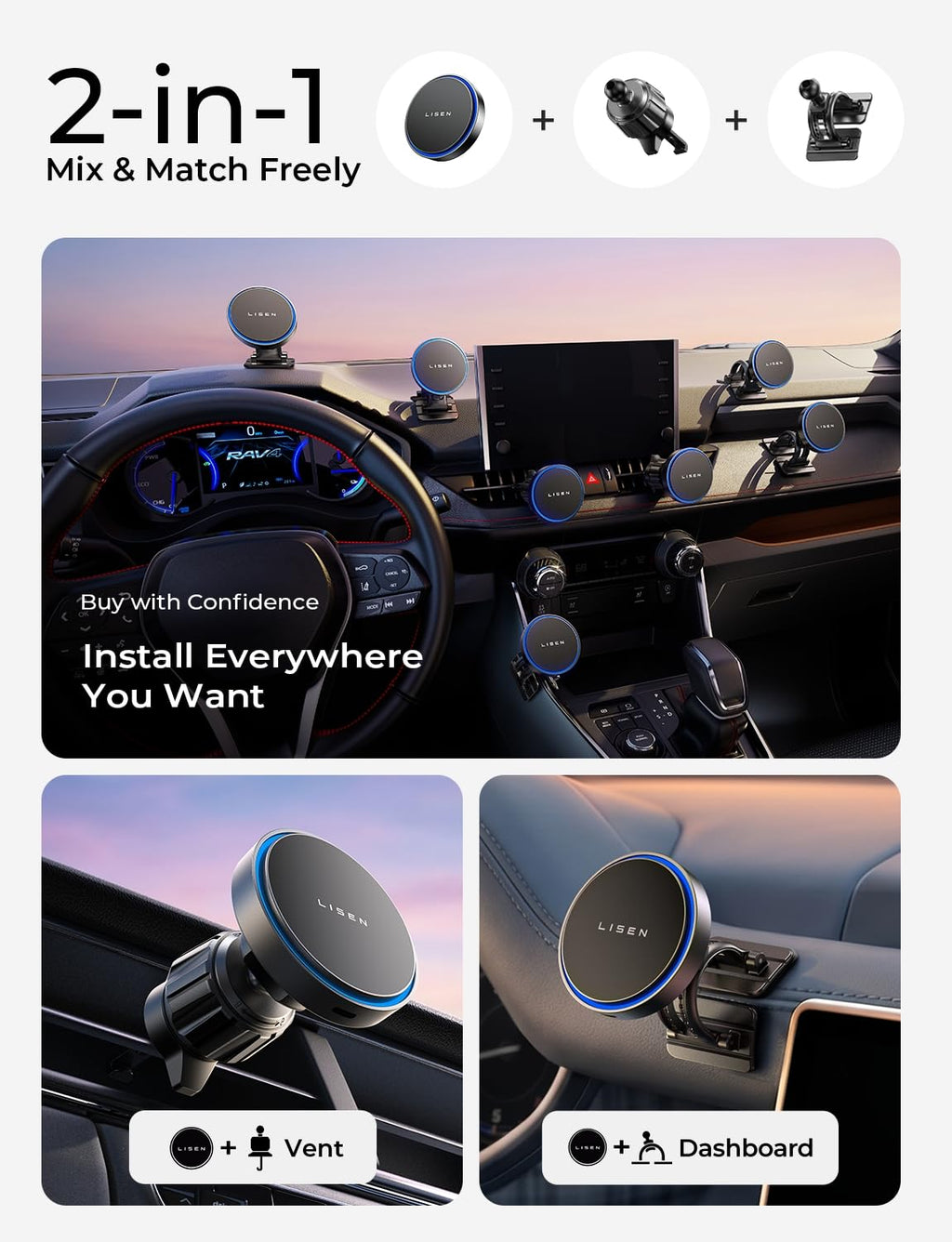 LISEN 15W MagSafe Magnetic Wireless Car Mount Charger