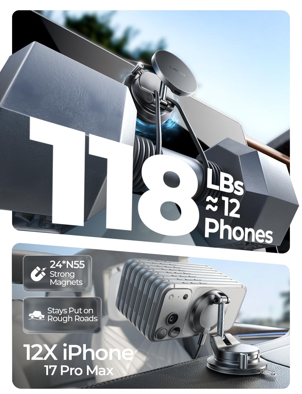 LISEN 15W MagSafe Wireless Car Mount Charger