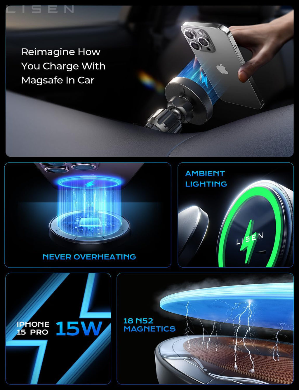 LISEN 15W MagSafe Magnetic Wireless Car Mount Charger