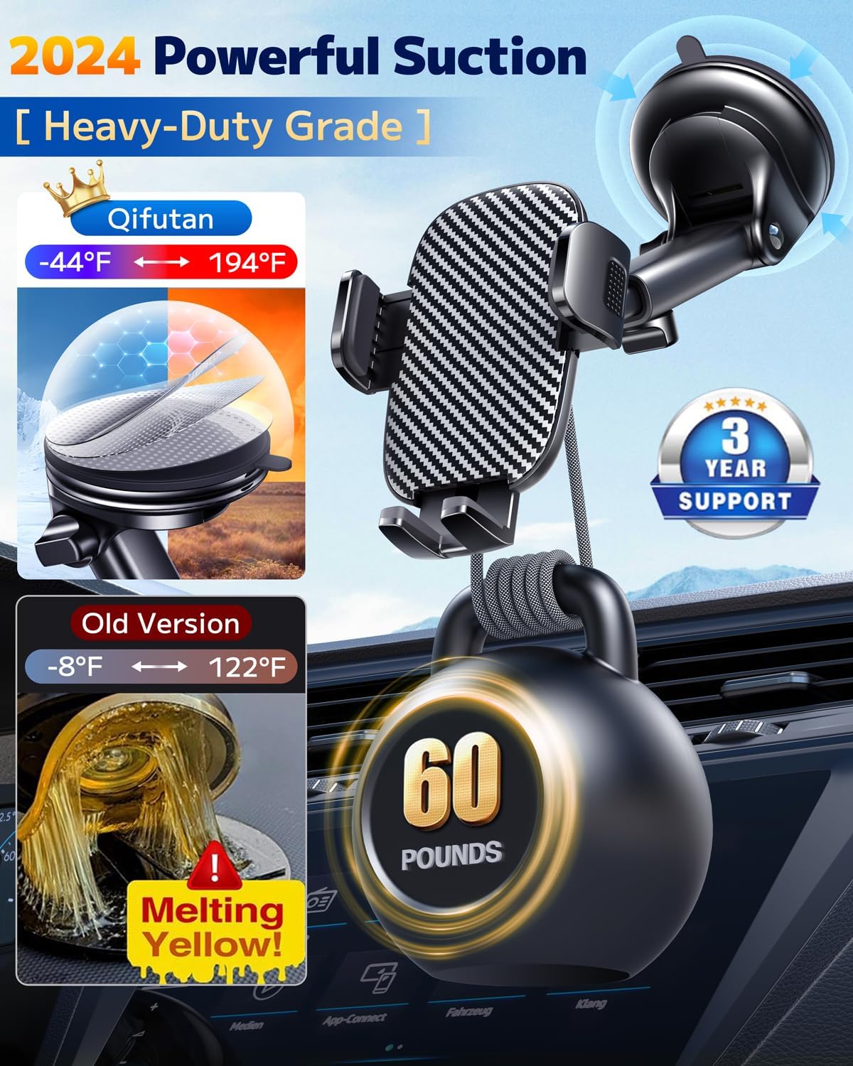Qifutan 3-in-1 Car Phone Mount for Windshield, Dash & Vent