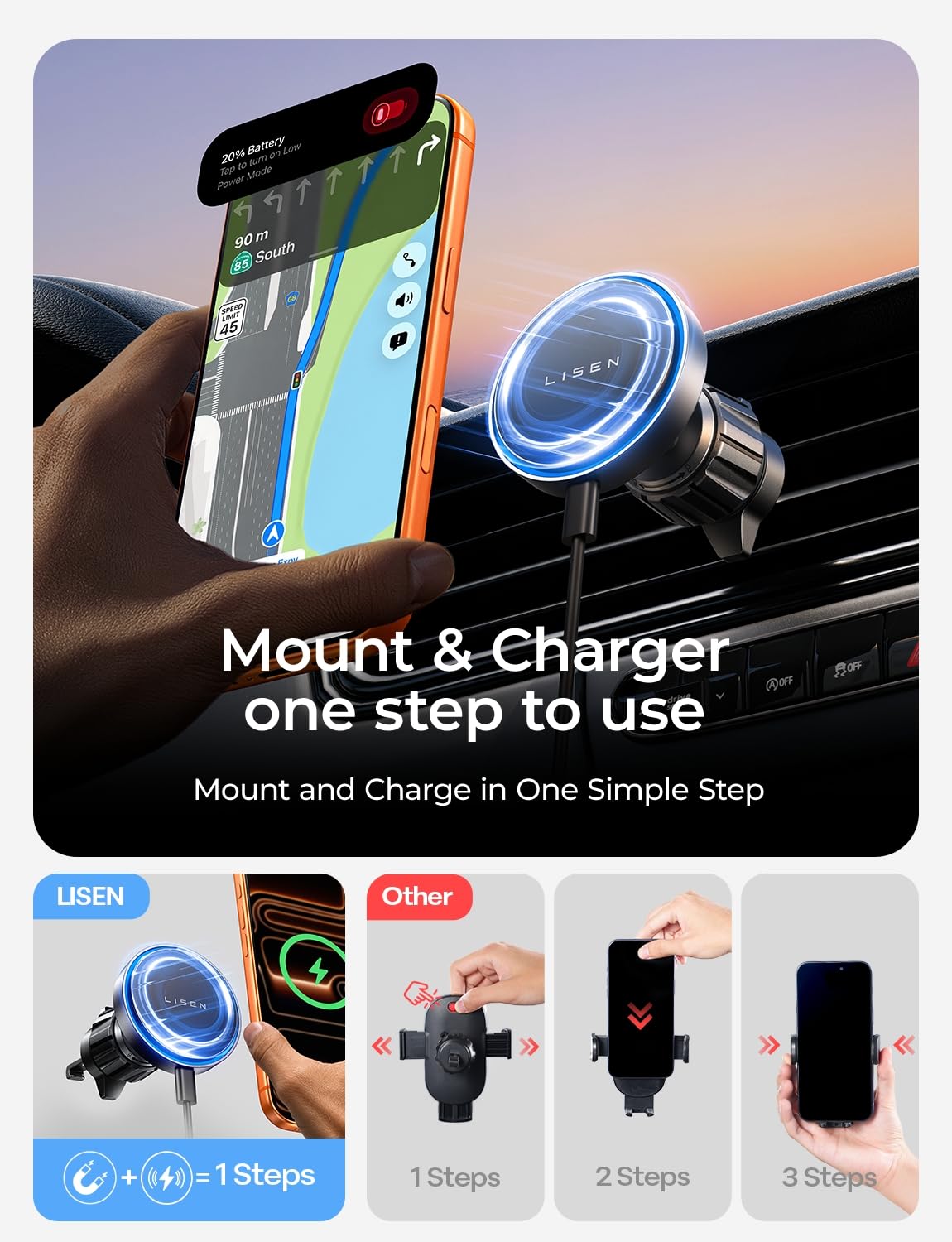 LISEN 15W MagSafe Magnetic Wireless Car Mount Charger