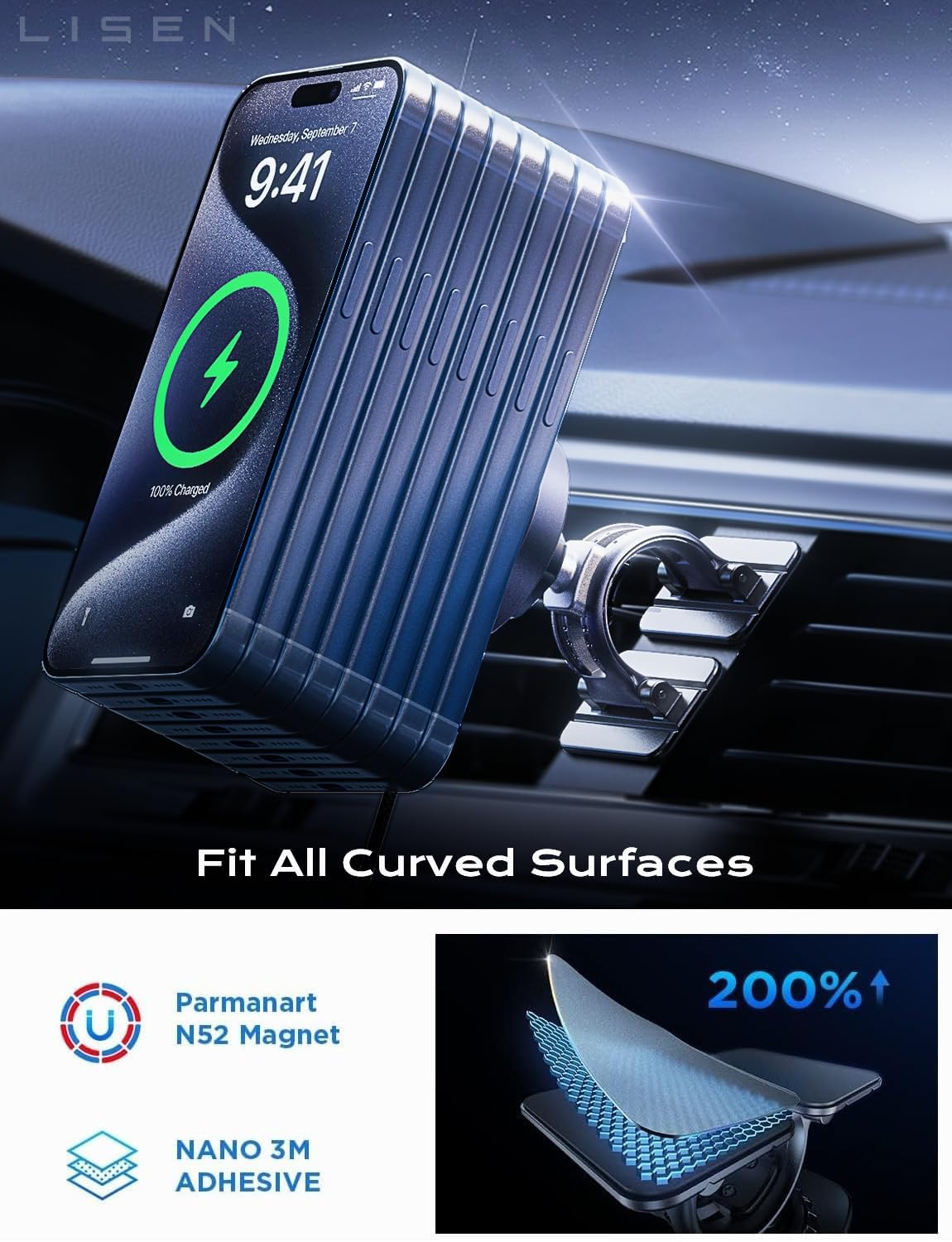 LISEN 15W MagSafe Magnetic Wireless Car Mount Charger