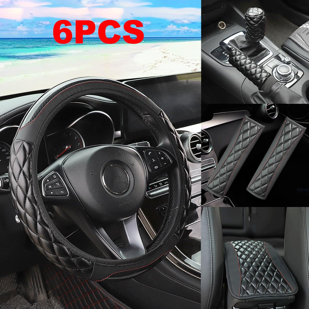 AICEL Car Accessories Set, Leather Vehicle Steering Wheel Seat Belt Shoulder Cover, Anti-Slip Automotive Interior Armrest Pad Start Button Protector, Universal for SUV, Sedan, Truck