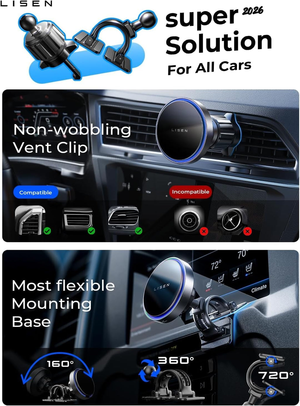LISEN 15W MagSafe Magnetic Wireless Car Mount Charger