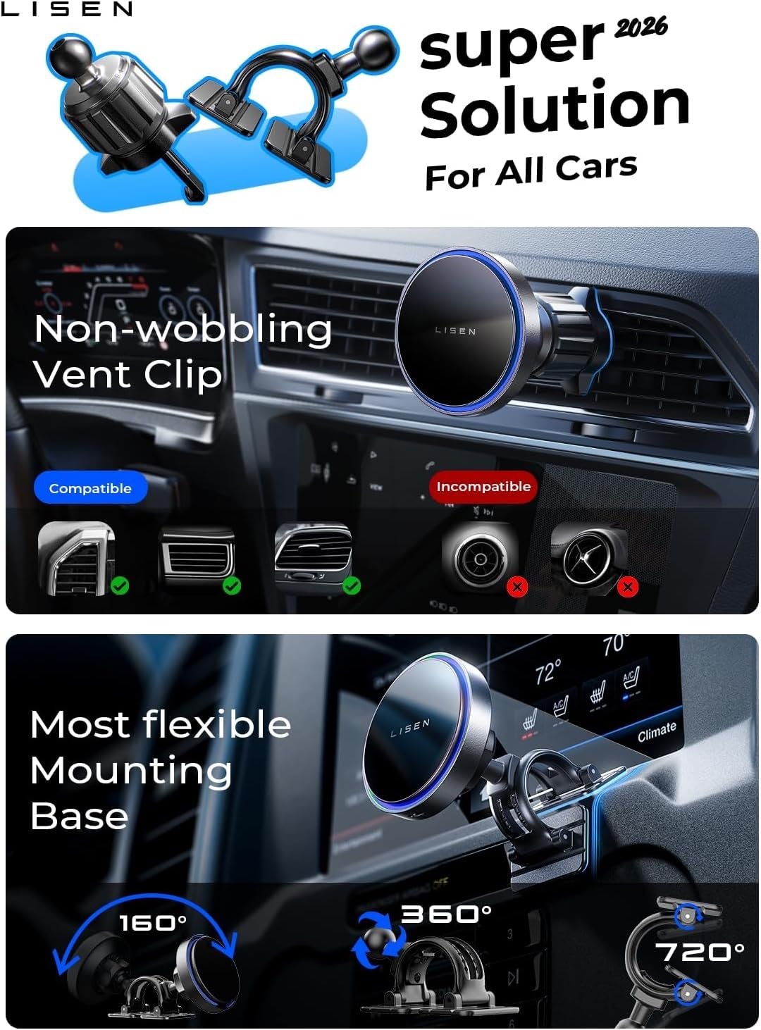 LISEN 15W MagSafe Magnetic Wireless Car Mount Charger