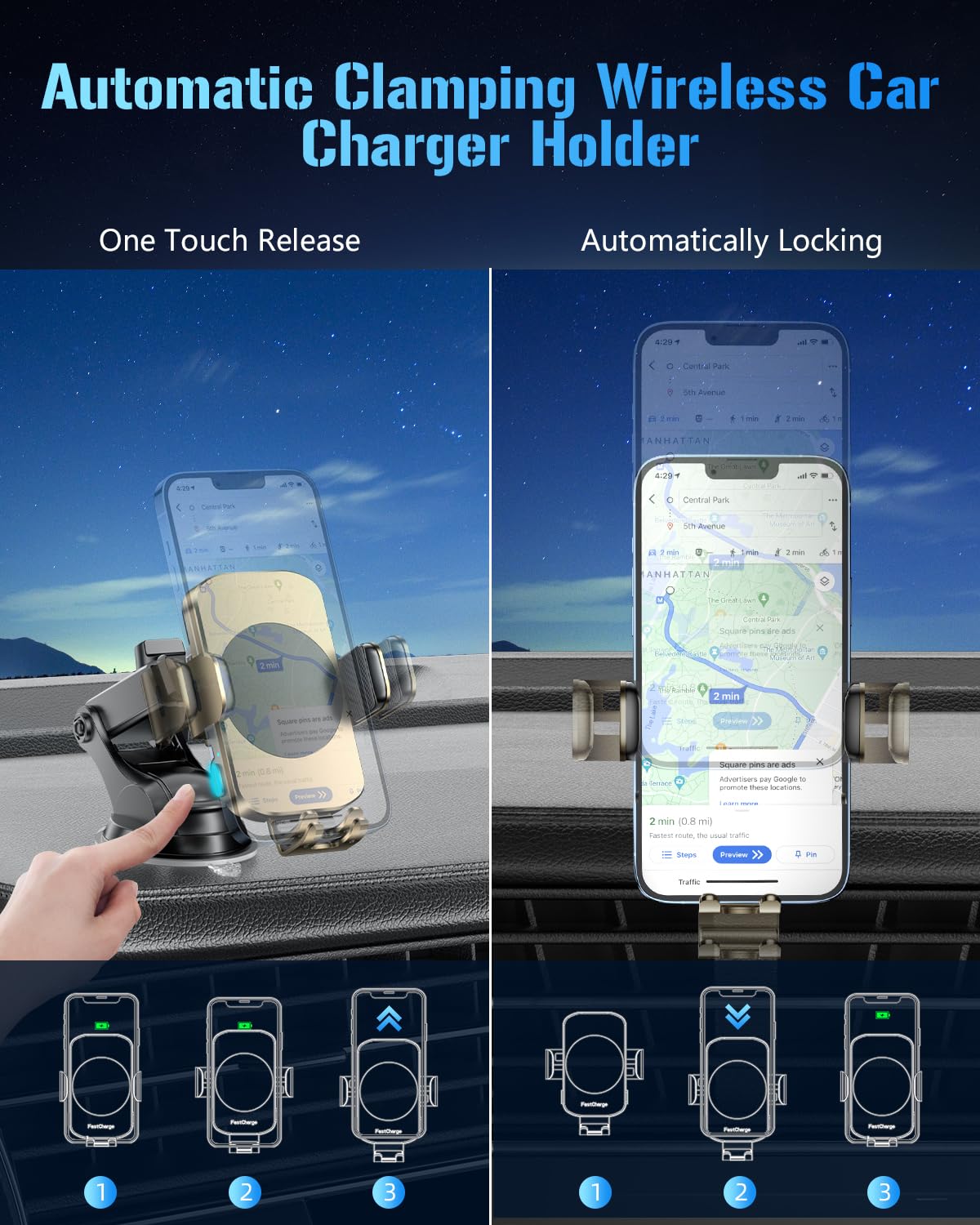 BothLin 3-in-1 15W Auto-Clamping Wireless Car Mount