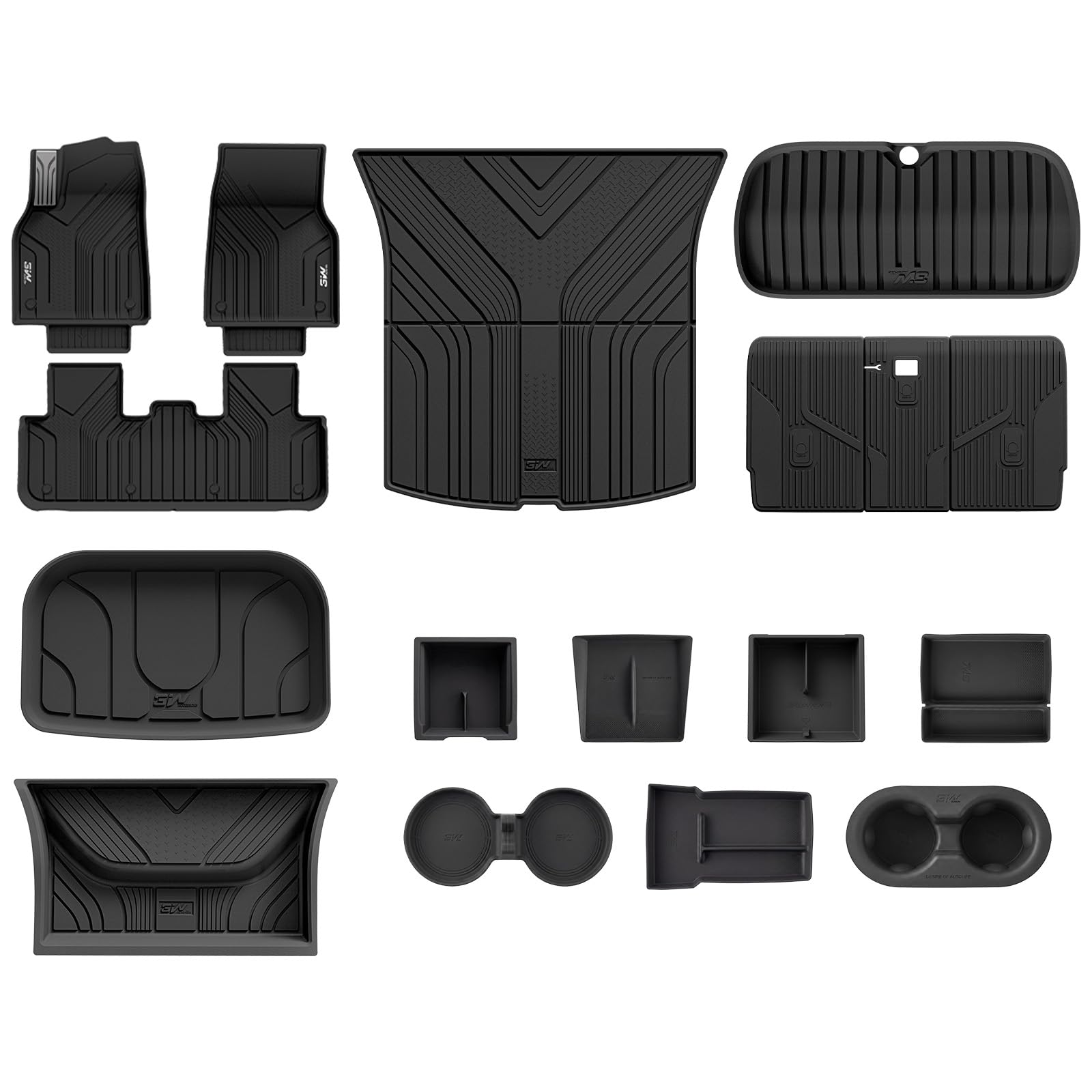 3W Tesla 2025-2026 New Model Y Juniper Floor Mats and Cargo Liners 10PCS (Not for Standard) & Center Console Tray for Tesla Model Y Juniper 2025-2026 Organizer Set