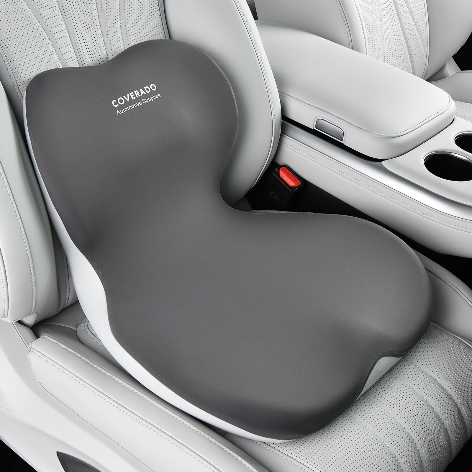 Coverado Seat Cushion and Lumbar Support Pillow One Piece for Car Office Chair, Ergonomic Memory Foam Desk Chair Cushion Back Support Pillow, Sciatica & Back & Tailbone Pain Relief Cushion-Gray