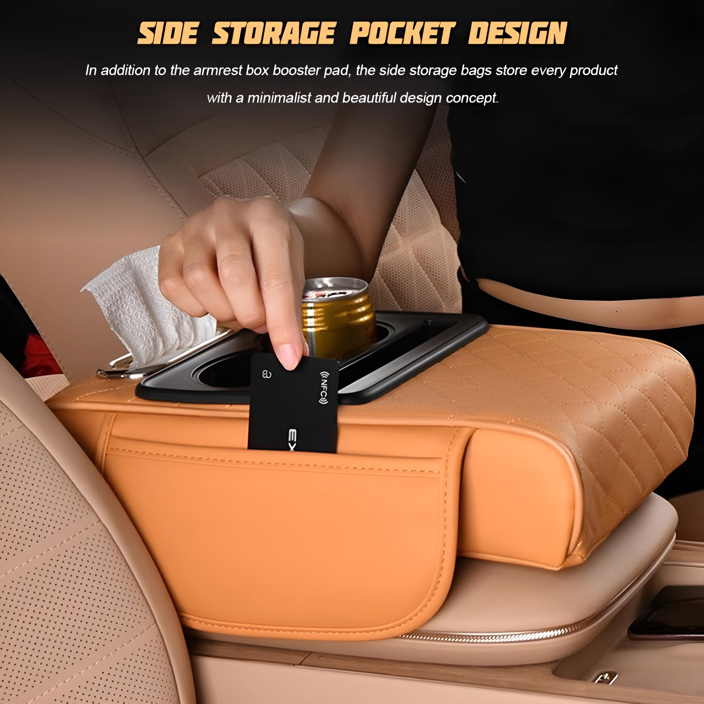 Zpana Car Center Console Armrest Pillow, Memory Foam Leather 4 in 1 Vehicle Arm Rest Cover with Tissue Box 2 Side Storage Bag Cup & Phone Holder, Auto Armrest Booster Cushion, Universal Fit