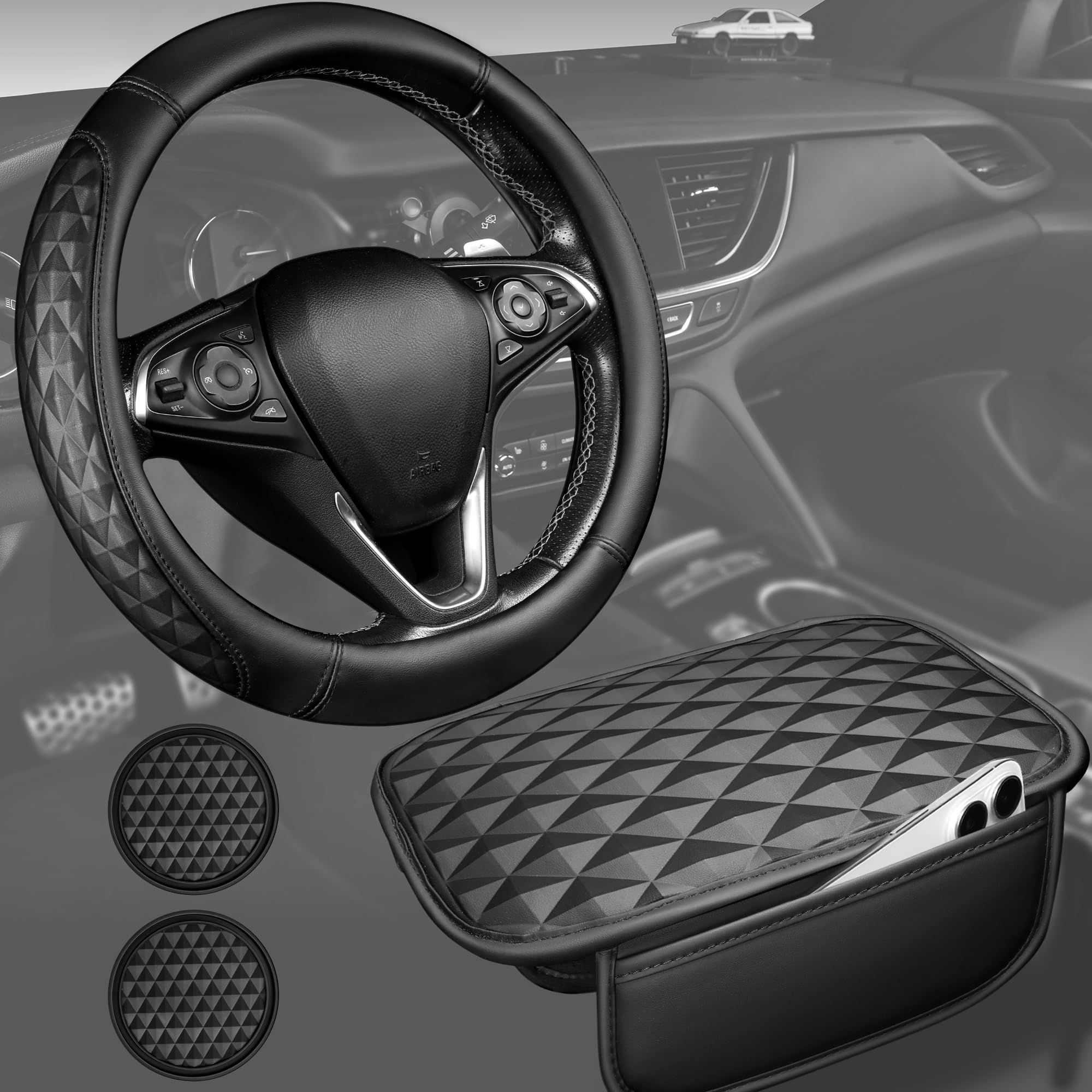 CAR PASS 3D Rhombus Leather Steering Wheel Cover Set