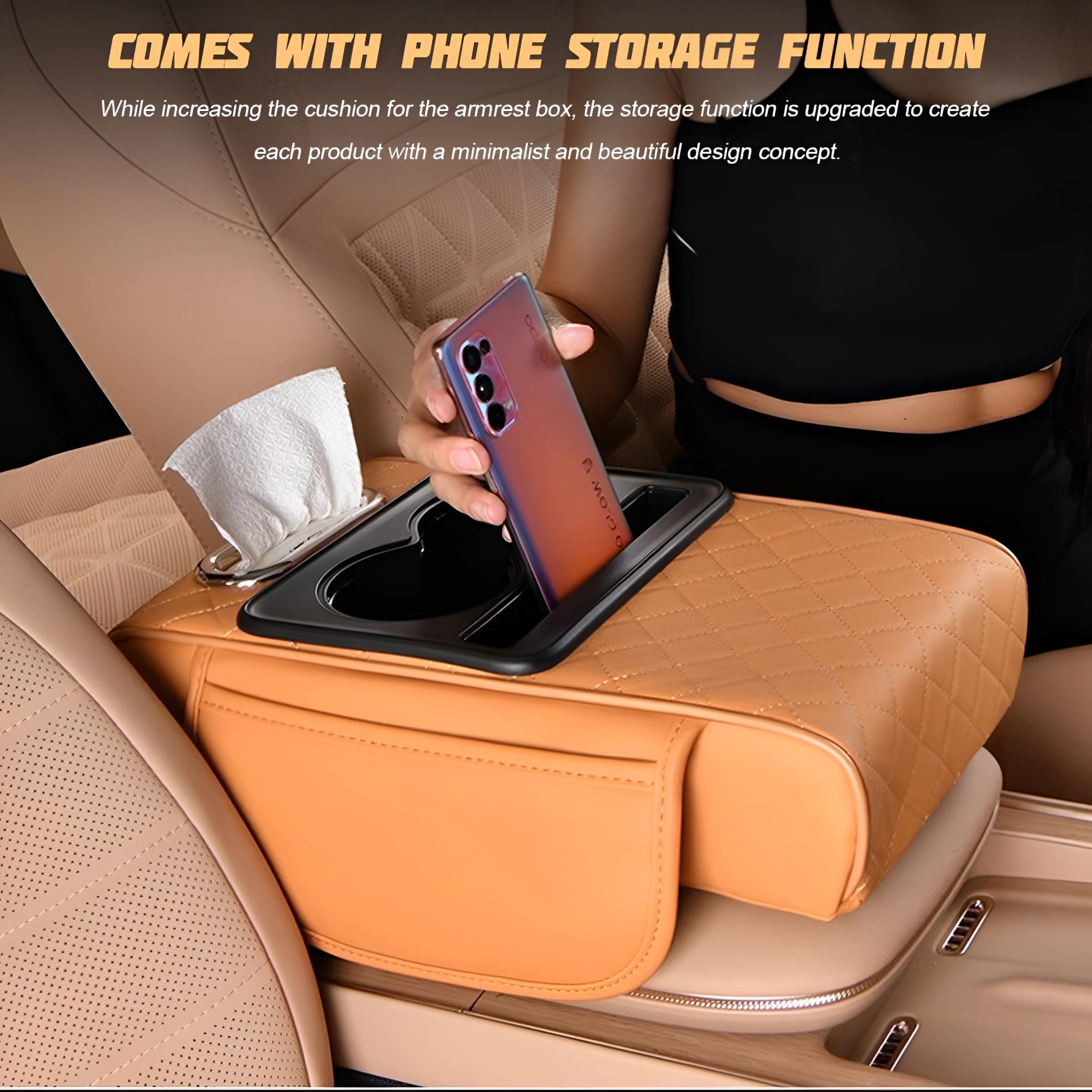 Zpana Car Center Console Armrest Pillow, Memory Foam Leather 4 in 1 Vehicle Arm Rest Cover with Tissue Box 2 Side Storage Bag Cup & Phone Holder, Auto Armrest Booster Cushion, Universal Fit