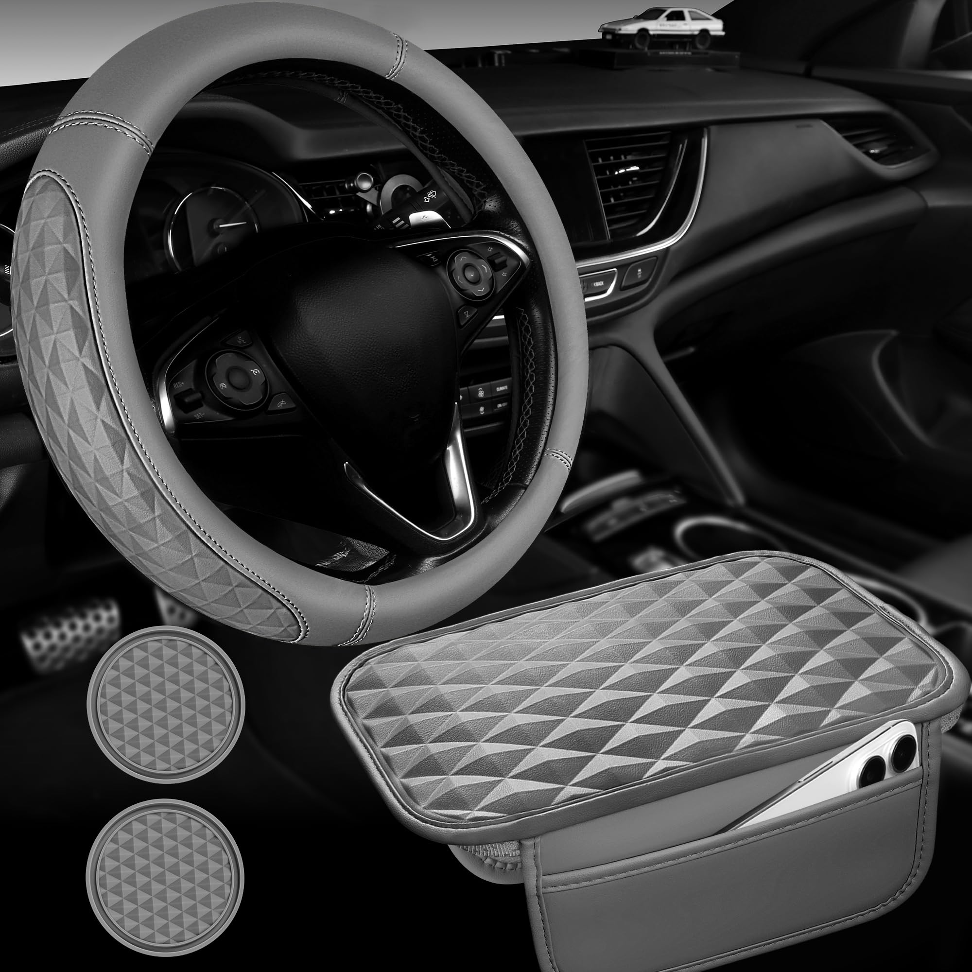 CAR PASS 3D Rhombus Leather Steering Wheel Cover Set