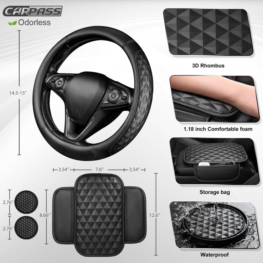 CAR PASS 3D Rhombus Leather Steering Wheel Cover Car Accessories Set