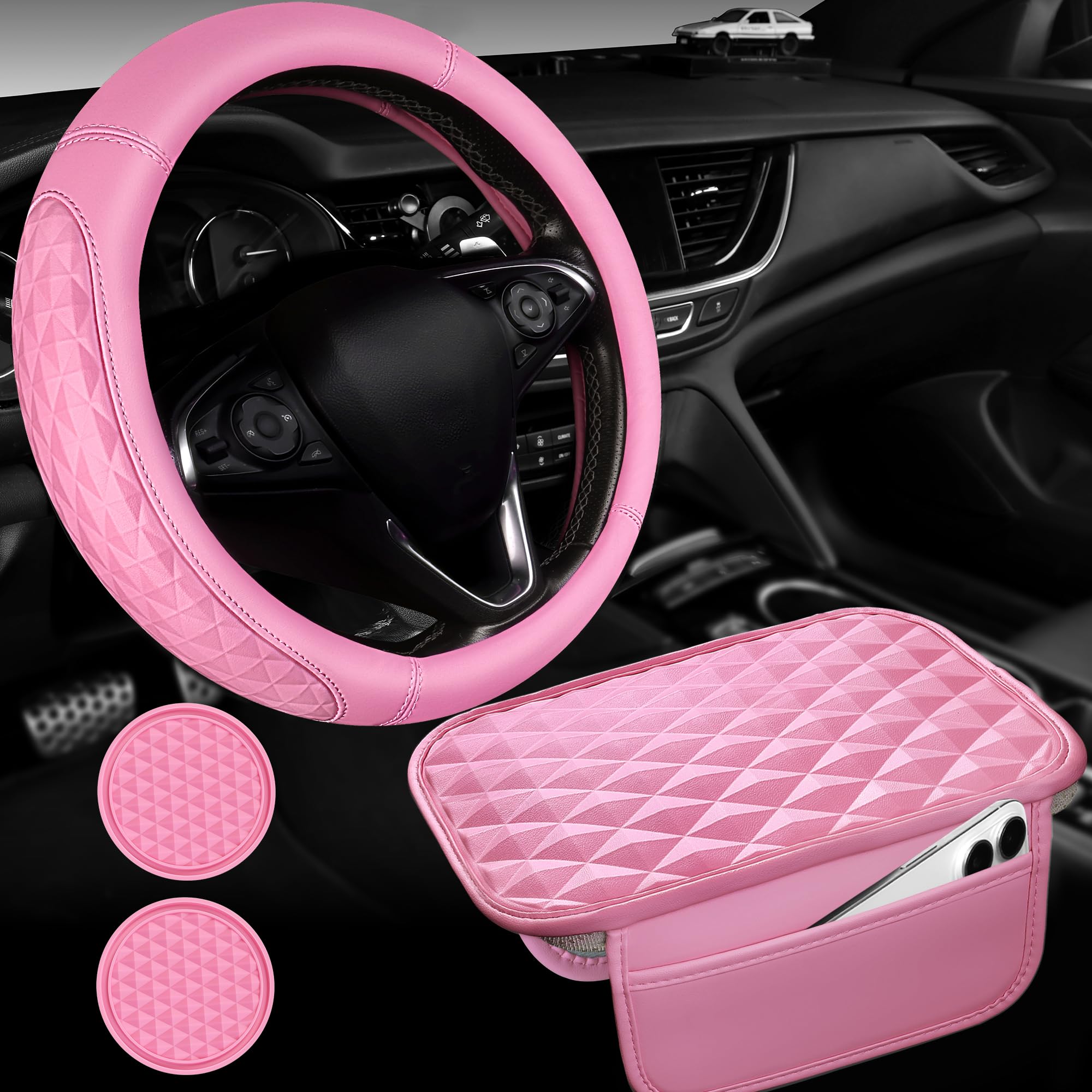 CAR PASS 3D Rhombus Leather Steering Wheel Cover Car Accessories Set