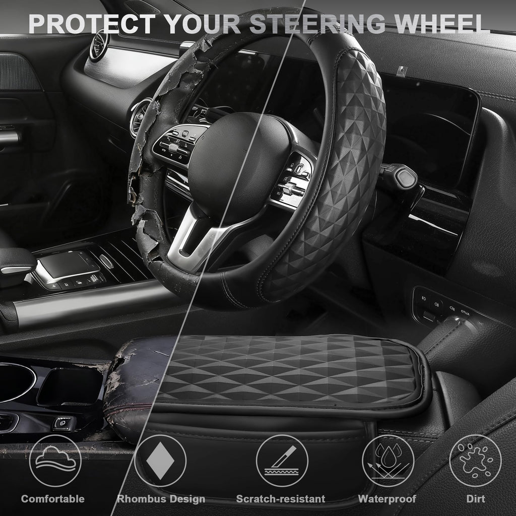 CAR PASS 3D Rhombus Leather Steering Wheel Cover Car Accessories Set