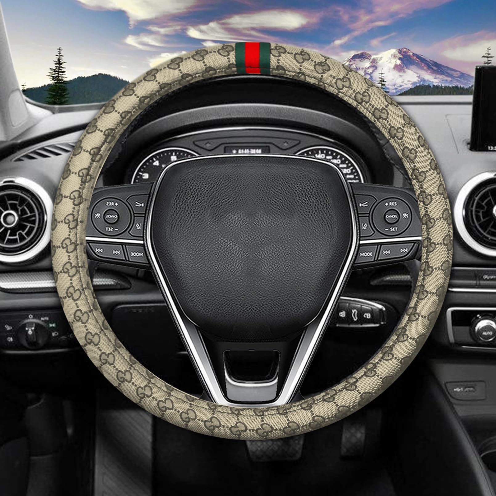 KANYO-AUTO Steering Wheel Cover with 2 Car Headrest Pillow and 2 Seat Belt Cushions Shoulder Pads Universal fit 14 1/2"-15" Steering Wheel