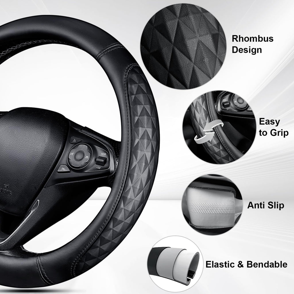 CAR PASS 3D Rhombus Leather Steering Wheel Cover Car Accessories Set