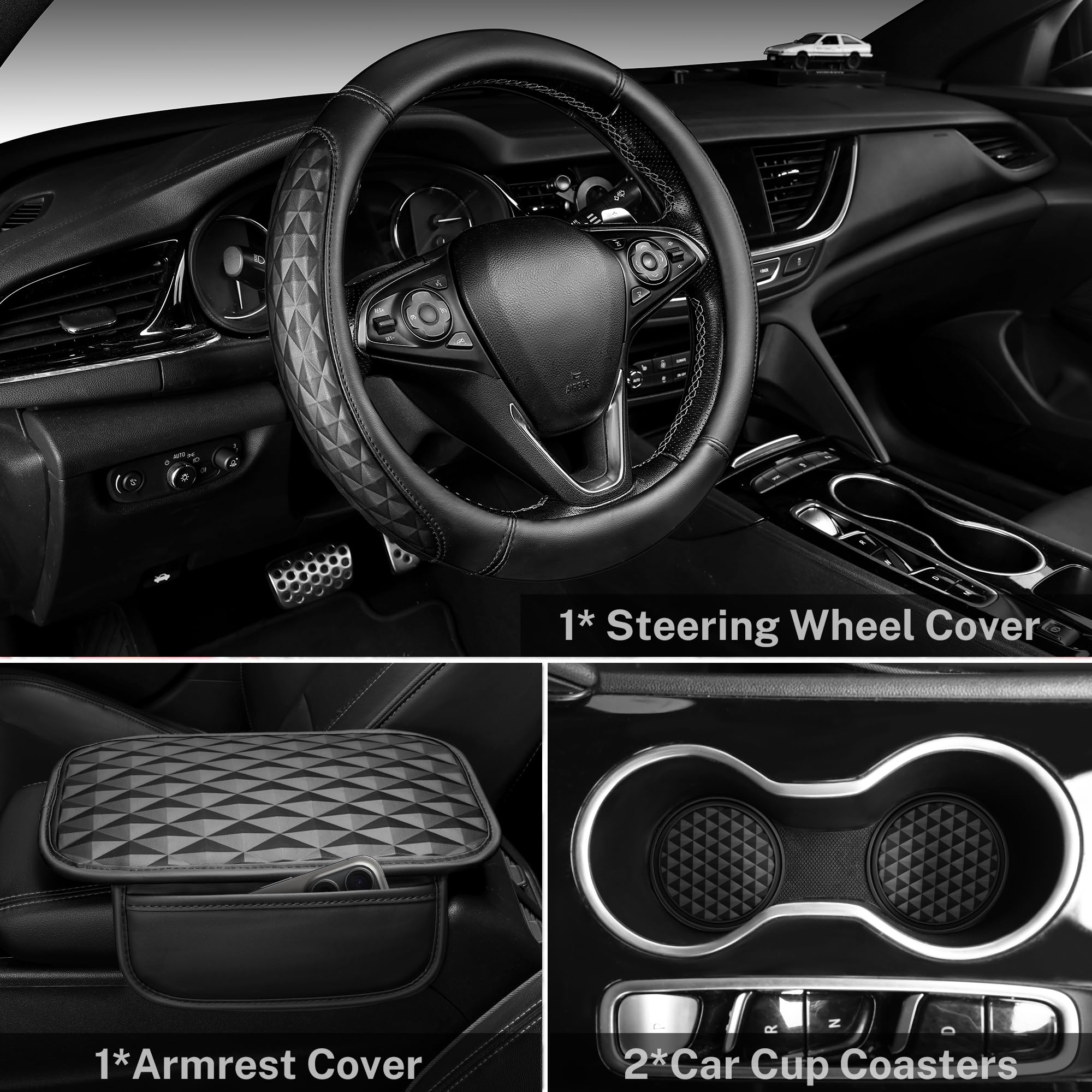 CAR PASS 3D Rhombus Leather Steering Wheel Cover Car Accessories Set