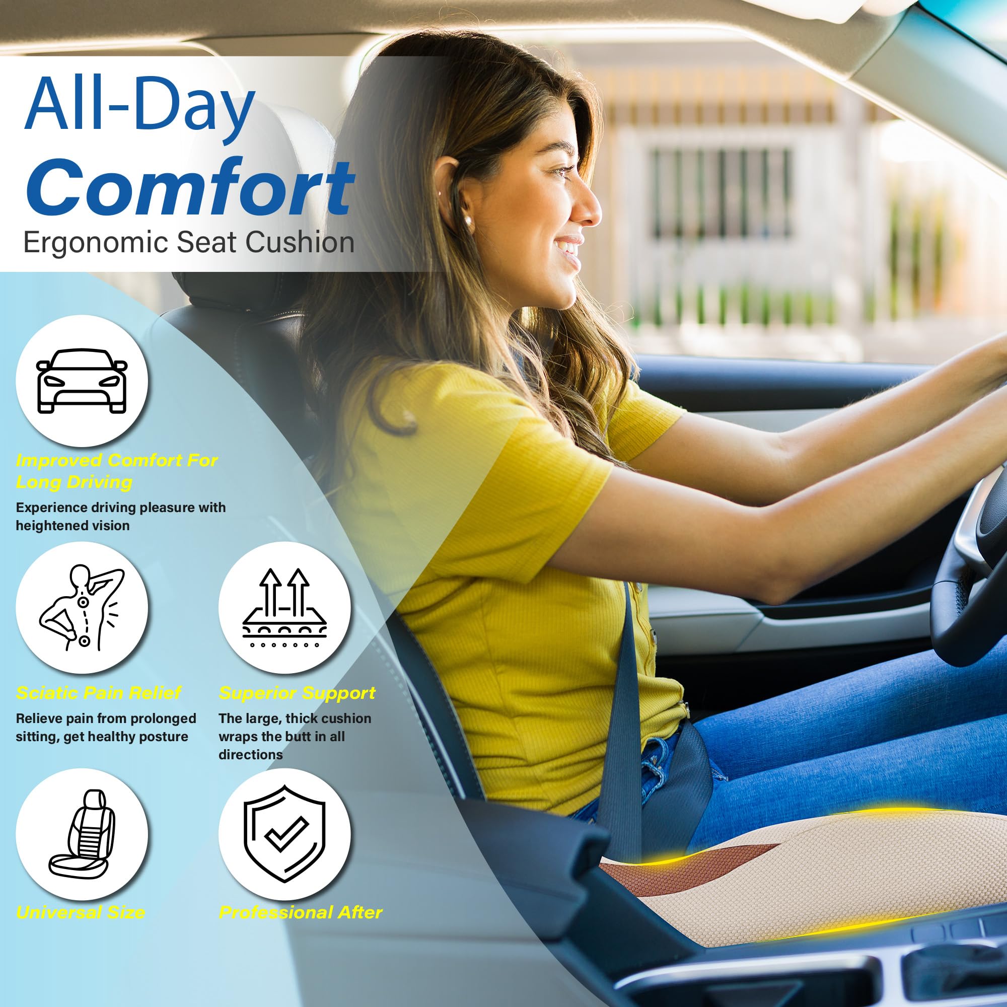 Allaboutsla Car Seat Cushion, Ergonomic Memory Foam Car Cushion for Sciatica Pain Relief, Larger Driving Seat Pillow for Short Drivers on Long Drives - Butt Pillow for Truck, Office, Wheelchair