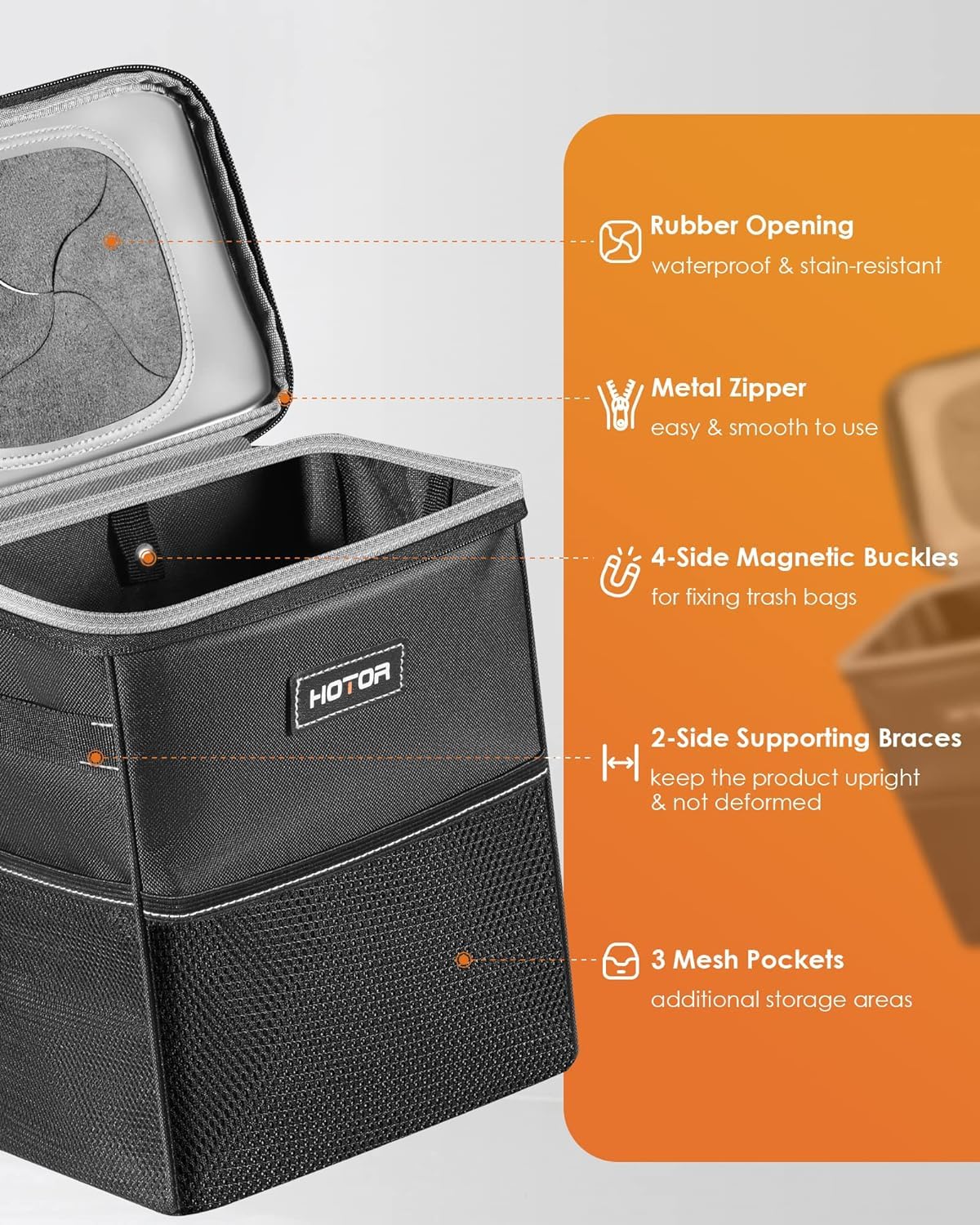 HOTOR Compact Waterproof Leak-Proof Car Trash Can