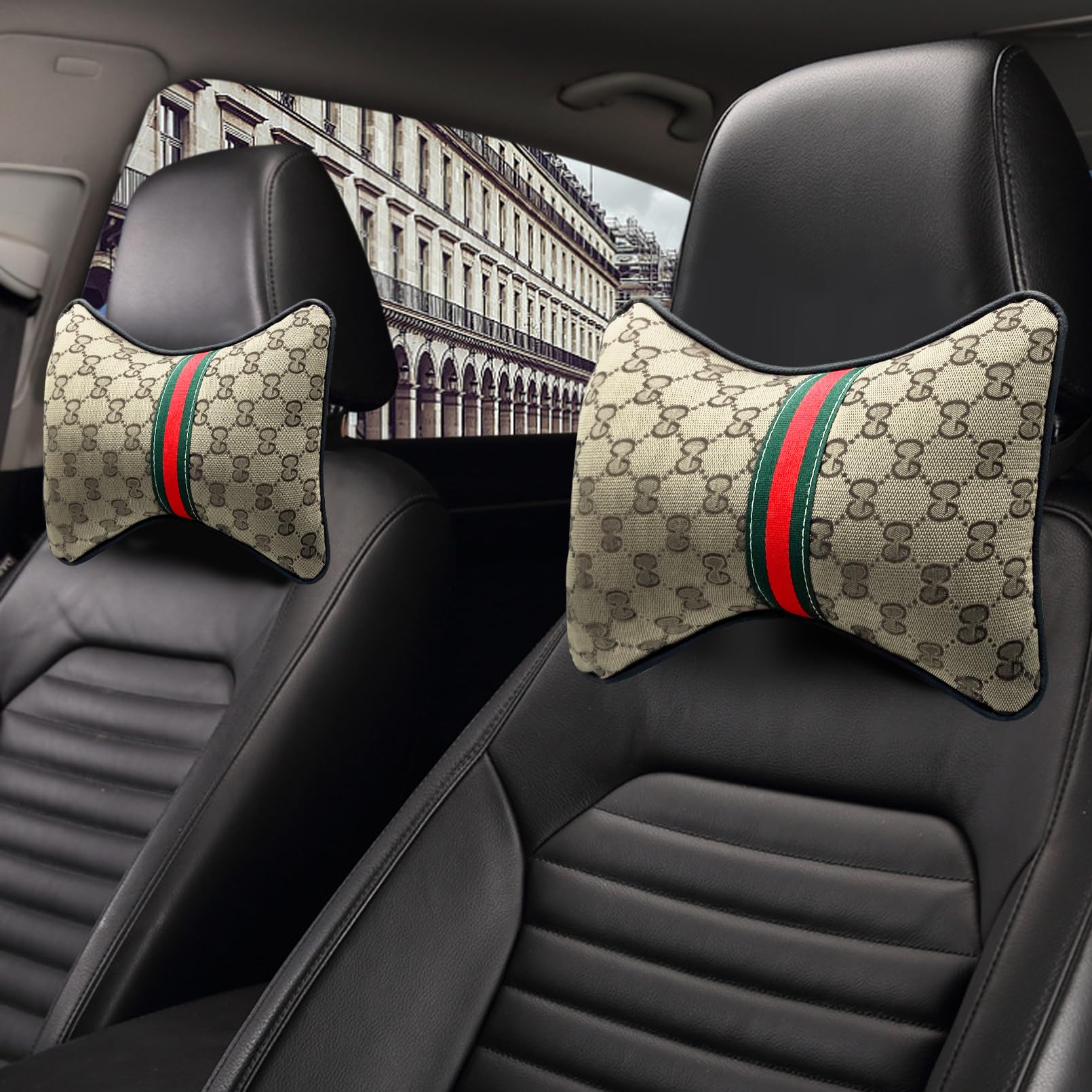 KANYO-AUTO Steering Wheel Cover with 2 Car Headrest Pillow and 2 Seat Belt Cushions Shoulder Pads Universal fit 14 1/2"-15" Steering Wheel