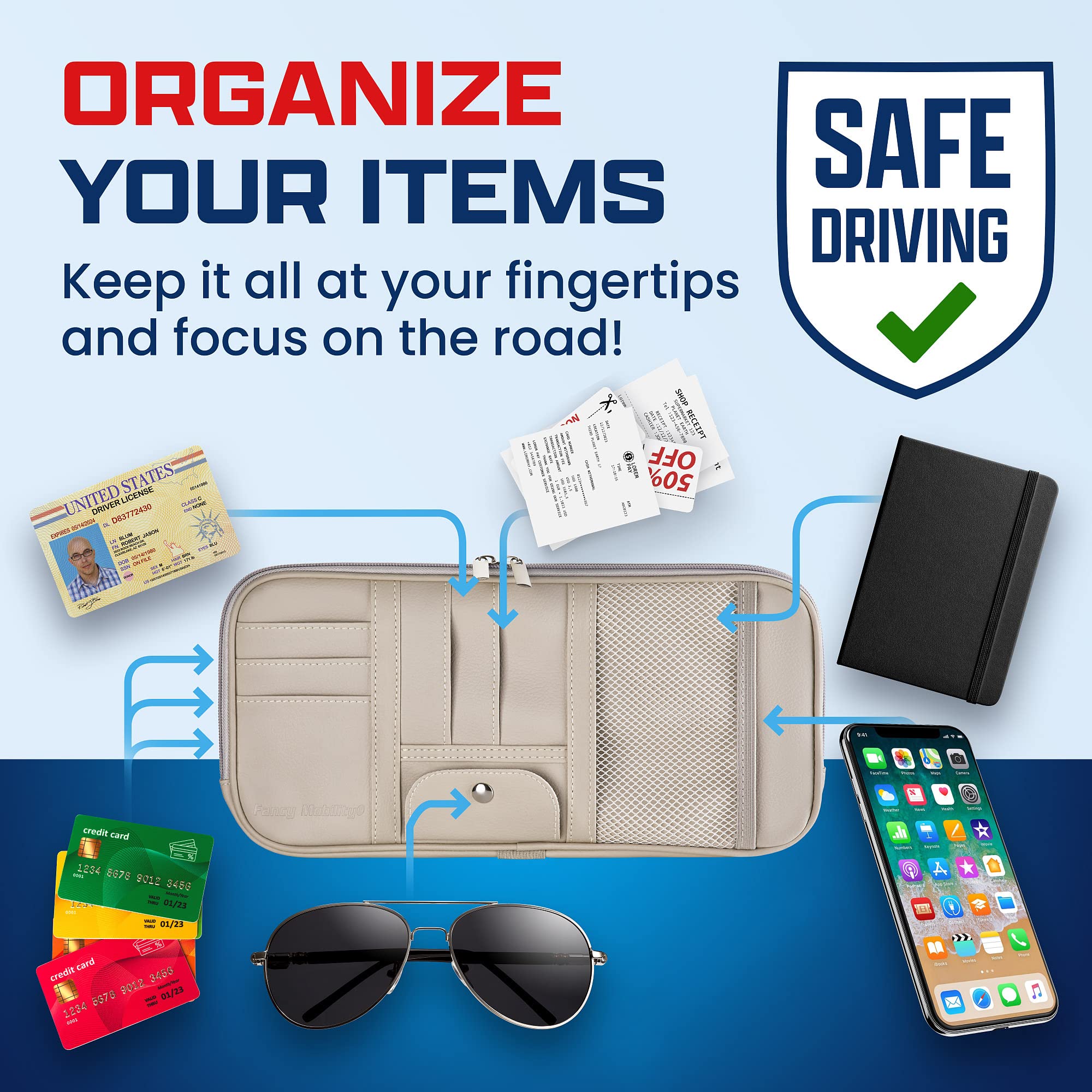 Fancy Mobility Sun Visor Organizer & Glasses Holder