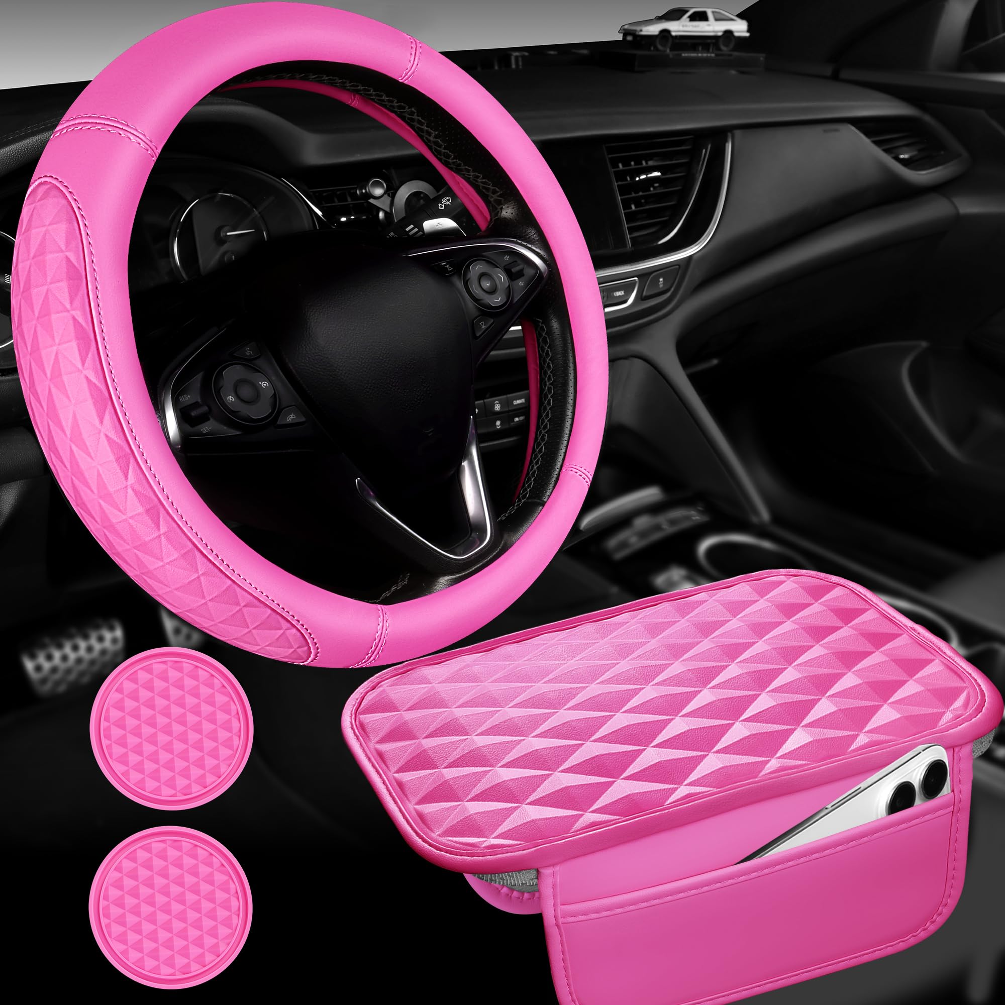 CAR PASS 3D Rhombus Leather Steering Wheel Cover Set