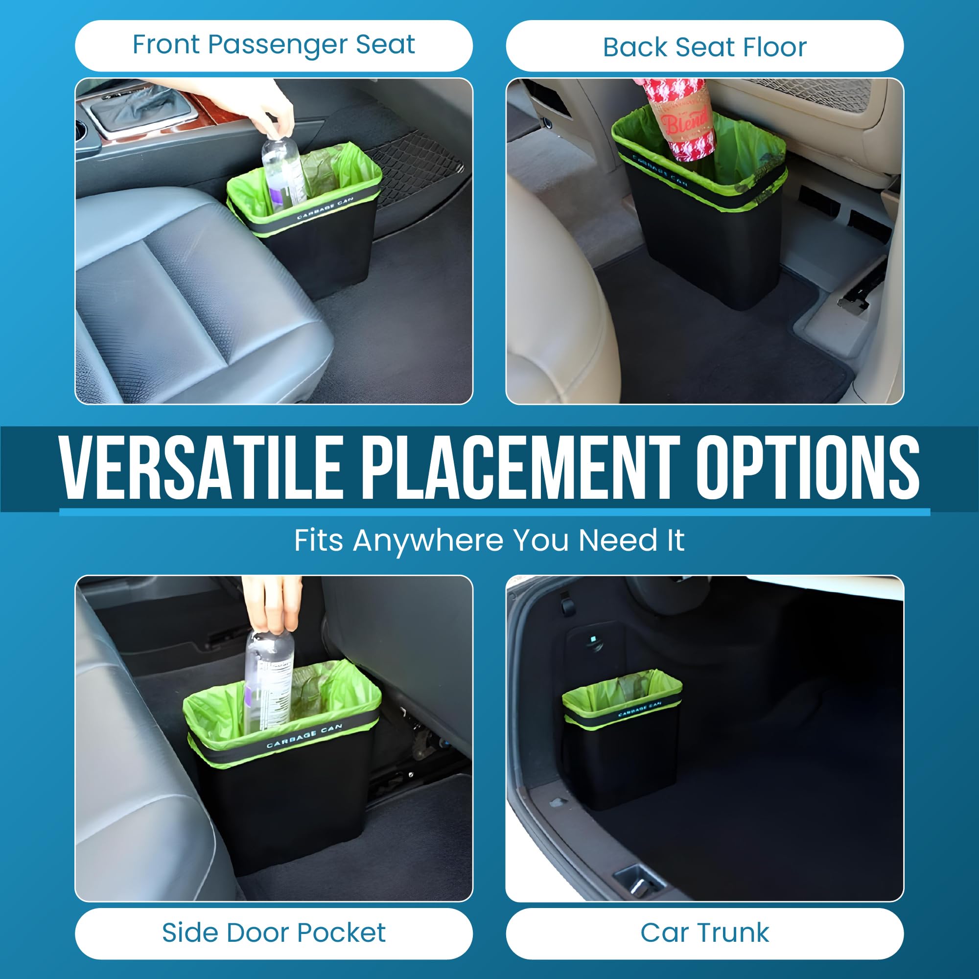 Compact Leakproof Black Car Trash Can with Mat Clip