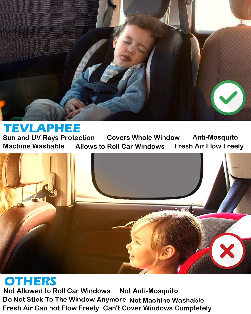 Tevlaphee Car Window Shades, 2 Pack Car Sunshade for Kids Breathable Universal Sun Visor Car Net for Baby with Certified UV for Side Window, Spandex Mesh Material Protect Privacy for Family Black