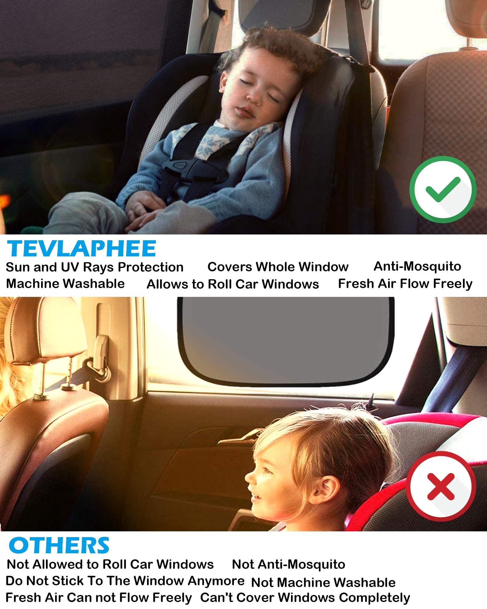 Tevlaphee Car Window Shades, 2 Pack Car Sunshade for Kids Breathable Universal Sun Visor Car Net for Baby with Certified UV for Side Window, Spandex Mesh Material Protect Privacy for Family Black