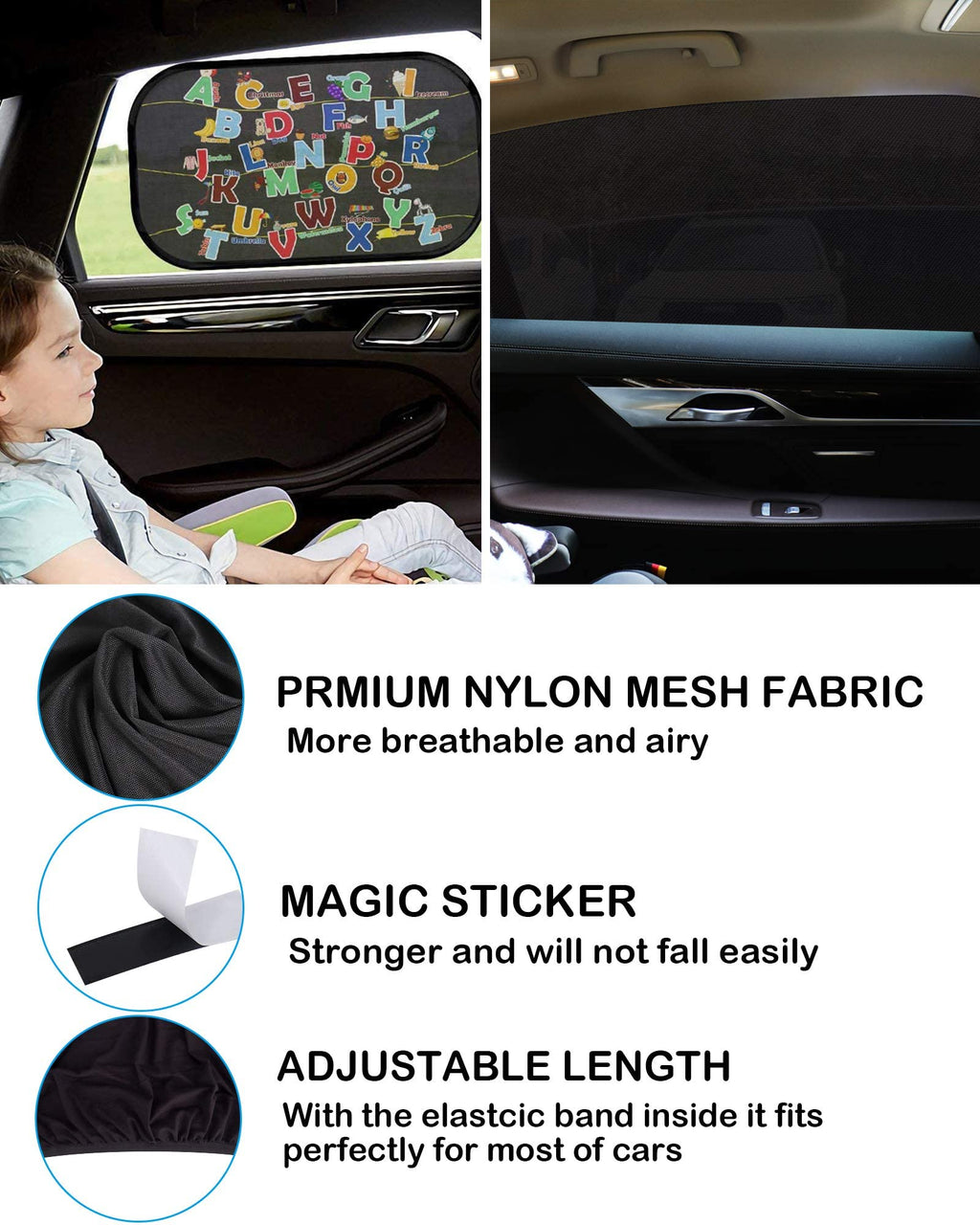 Tevlaphee Car Window Shades, 2 Pack Car Sunshade for Kids Breathable Universal Sun Visor Car Net for Baby with Certified UV for Side Window, Spandex Mesh Material Protect Privacy for Family Black