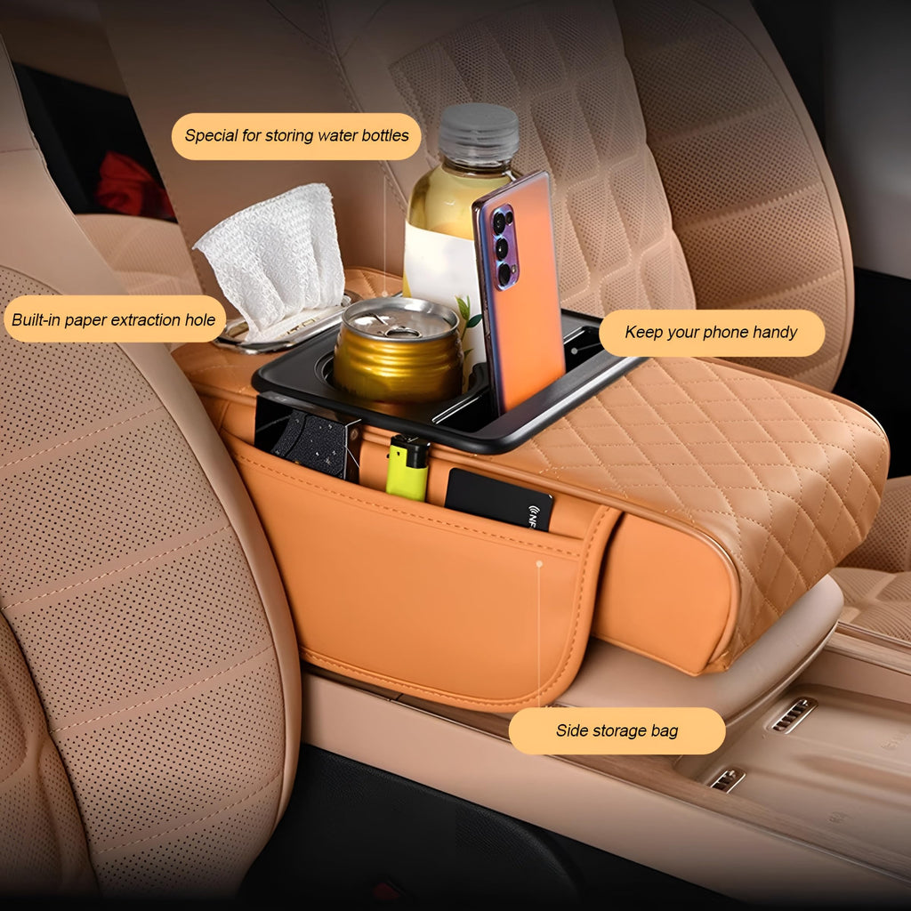 Zpana Car Center Console Armrest Pillow, Memory Foam Leather 4 in 1 Vehicle Arm Rest Cover with Tissue Box 2 Side Storage Bag Cup & Phone Holder, Auto Armrest Booster Cushion, Universal Fit