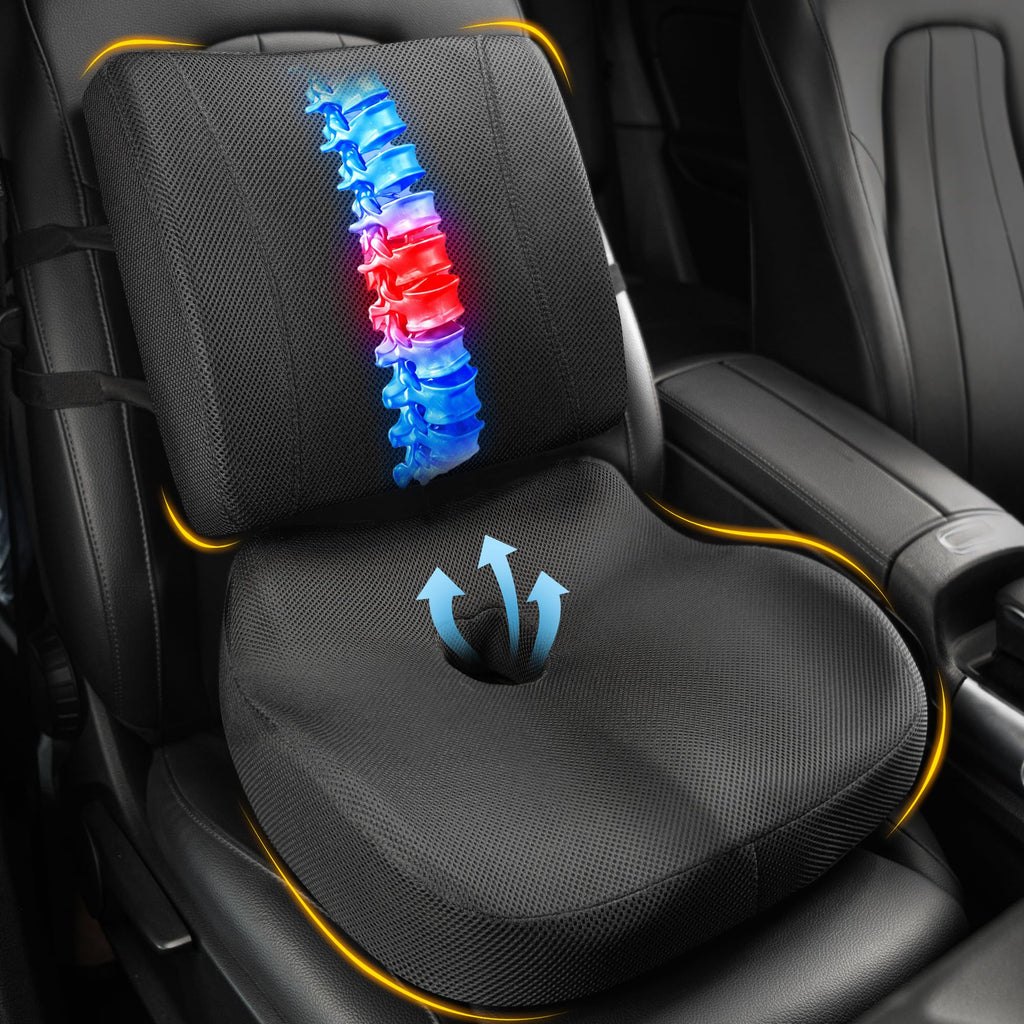 Allaboutsla Car Seat Cushion, Ergonomic Memory Foam Car Cushion for Sciatica Pain Relief, Larger Driving Seat Pillow for Short Drivers on Long Drives - Butt Pillow for Truck, Office, Wheelchair